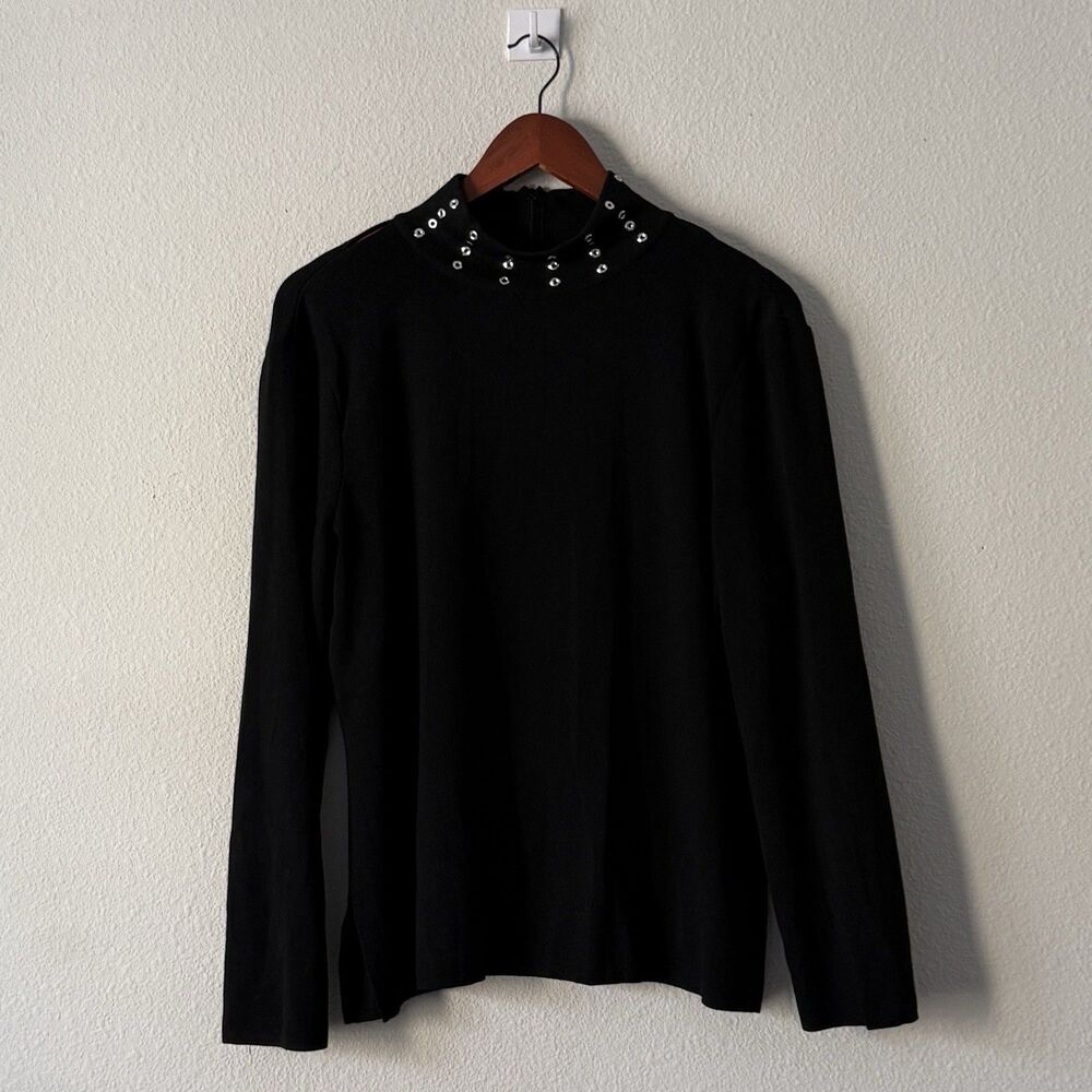 Ming Wang Sweater Top Womens L Black Mock Neck Pullover Studded Collar